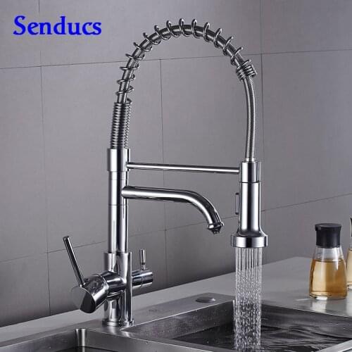 Senducs Polished Chrome Pull Out Filter Kitchen Faucet Dual Handle Pull Down Purified Kitchen Mixer Tap Health Brass Water Tap