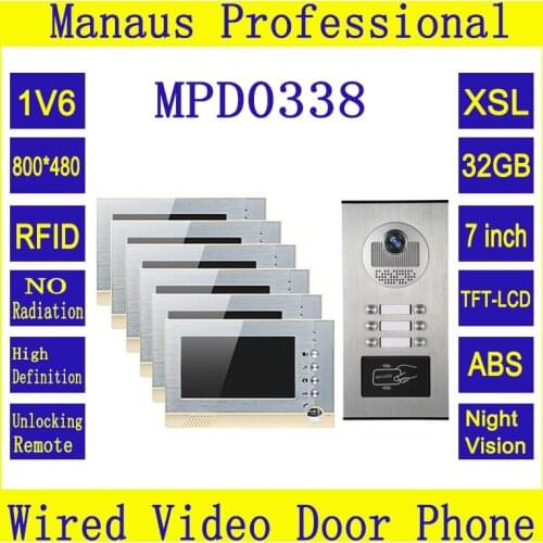 Six 7 inch Memory Monitors Multi Apartments Building Intercom System Video Door Phone Support 32G TF Card and RFID Unlock D0338