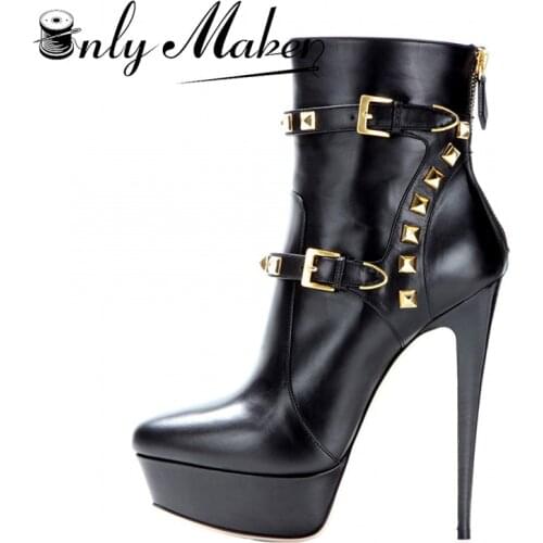 Onlymaker Womens Ankle Boots Shoes 16cm High Thin Heel 4cm Platform Fashion Heels Boots Metal Plates Buckle Boots Size us5~us15