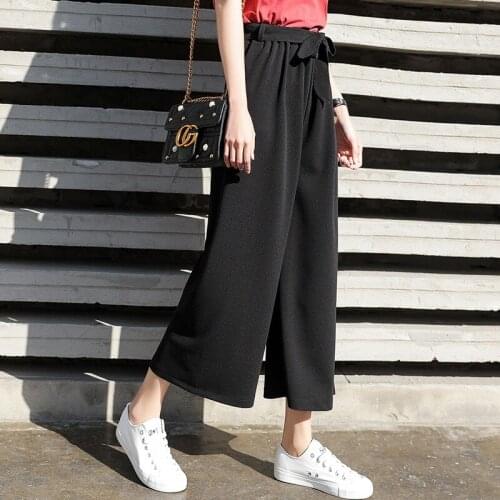 Women Tie Wide Leg pants Solid Color Pantalones Female High Waist Thin Chiffon Plus Size Casual Ladies Culottes Trousers