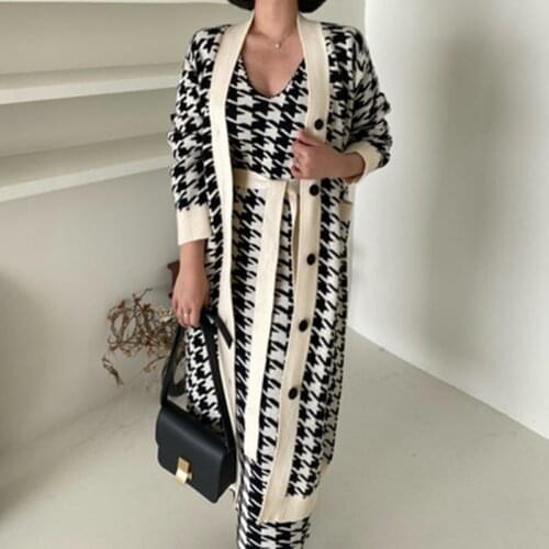 2021 Korean Sweater Set Fashion Vintage Style V-Neck Long Knitted Sweater Coat + Houndstooth Vest Dress Female Two-Piece Suit