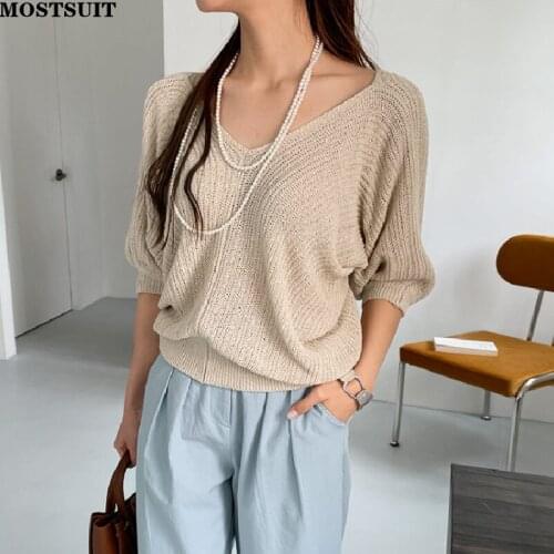 MERUBY Batwing Sleeve Knitted Pullover Sweater Women Half Sleeve Loose Solid Tops Korean Vintage Female Jumpers Femme