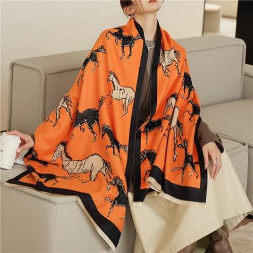 Women Winter Scarf Horse Print Pashmina Cashmere Wraps Female Foulard Thick High Quality Warm Blanket Stoles 2021 New