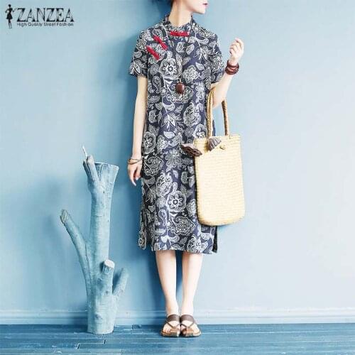 ZANZEA Womens Stand Collar Buttons Cheongsam Dress Summer Traditional Chinese Dress Vintage Floral Printed Sundress Vestido