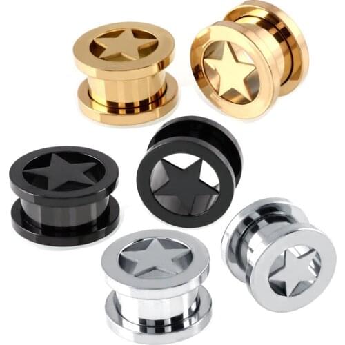 2Pcs Punk Real Steel Flesh Tunnels Piercing 6-16mm Black Gold Flesh Ear Tunnels Ear Plugs Ear Expanders Skin Retainer
