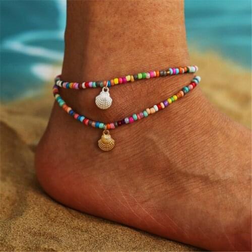 20Pcs/lot Colorful Beaded Anklet Adjustable Retro Alloy Scallop Pendant Ankle Bracelet Beach Fashion Jewelry For Women Girls