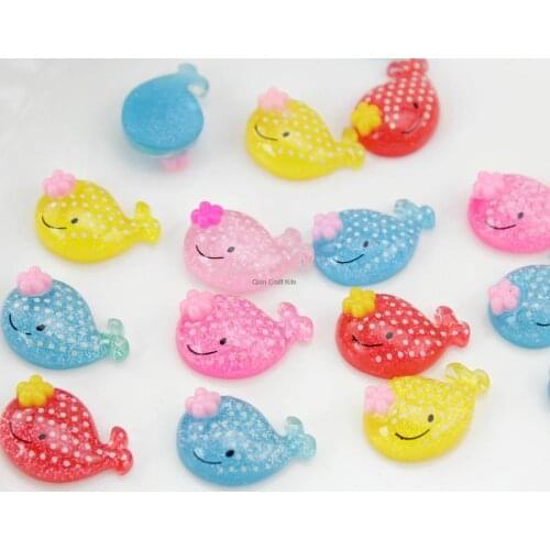 200pcs mixed color polka dot whale with flowers resin glitter cabochons (22mm) Cell phone decor, hair kids jewelry DIY