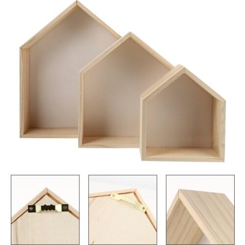 3pcs Creative Wood House Shape Floating Shelf Wall-mounted Storage Rack