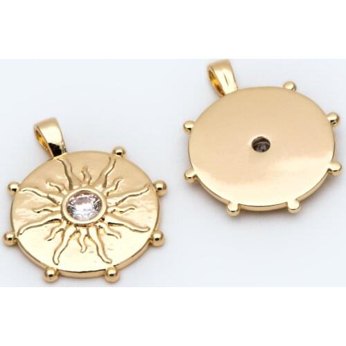 4pcs Gold Sun Disk Charms 20mm, 18K Gold Plated Brass, CZ Paved Sun Disc Pendants (GB-2193)