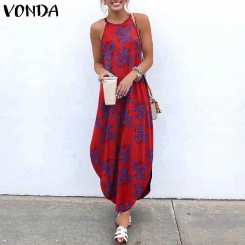 Bohemian Summer Beach Sundress Women Dress Sleeveless Floral Print Irregular Hem Maxi Dress 2021 VONDA Casual Robe Plus Size