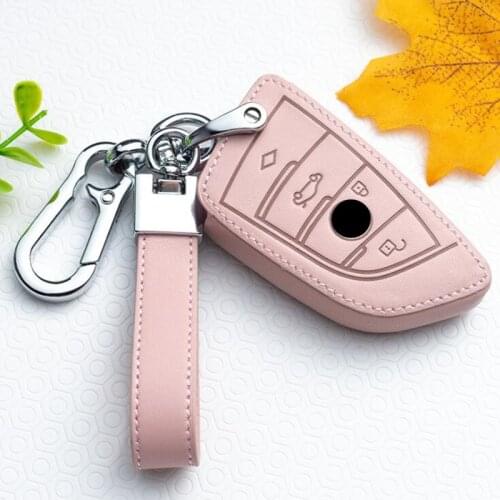 Pink Genuine Leather Car Key Case For BMW E90 E60 E70 E87 1 3 5 6 Series M3 M5 X1 X5 X6 Z4 Keychain Holder Protector Cover Bag