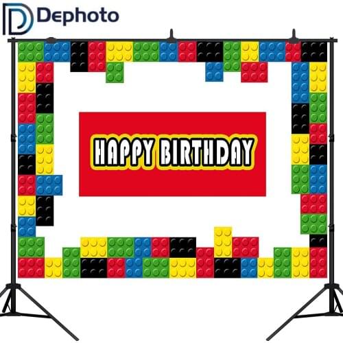 Dephoto Birthday Photography Backdrop Colorful Building Blocks Boy Baby Child Party Decorations Photo Booth Background Banner