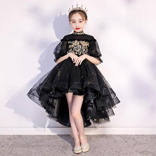 Flower Girl Dresses Princess Lace Bow Sequined Elegant Ball Gown Tiered Knee-Length Tulle Luxury Embroidery Kid Party Dress D245