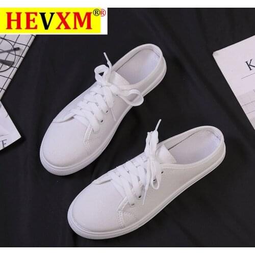 HEVXM 2021 Womens Shoes Lace-up Half Slippers Students Without Heel Canvas Casual Shoes Girls New Fashion Shallow Flats Shoes