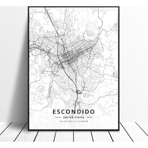 Escondido Garden Grove Joliet Kailua Oceanside Stockton Unitedstates Map Canvas Art Poster