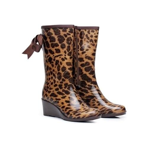 British classic high tube waterproof fashion rain boots ladies set feet with Leopard wedge Bow rain boots women autumn winter