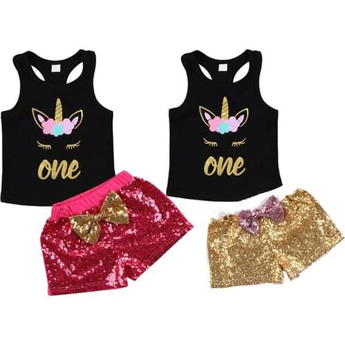 Summer Unicorn Toddler Kids Baby Girl Letter Print T-shirt Tops+Sequins Denim Shorts Jeans 2PCS Outfits Children Clothing Set