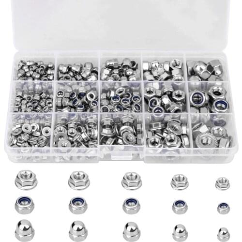385pcs Flange Nut Assortment Kit M3 M4 M5 M6 M8 Round Cap Nuts Stainless Steel Hex Nylon Insert Lock nut Fastener