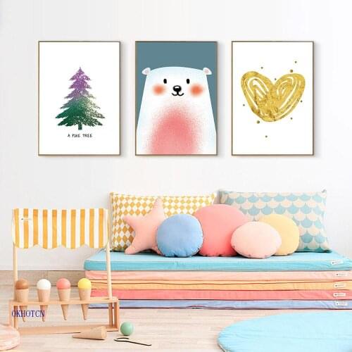 Nordic Style Kids Room Wall Decoration Cartoon Pine Tree Bear Poster Unframed Golden Heart Canvas Painting Baby Room Decor