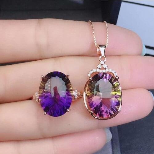 Real Natural Amethyst jewelry set Natural Real Amethyst 925 sterling silver 1pc pendant,1pc ring