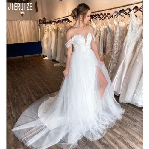 JIERUIZE New Beach Wedding Dresses 2020 Off The Shoulder with Appliques High Split Lace Up Back Bridal Gowns Vestido De Noiva