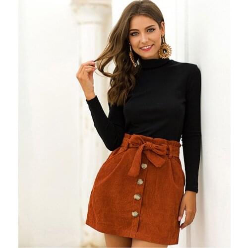 Autumn Winter Women Corduroy Skirts Fashion Elastic High Waist Bandage Belt Pocket Mini Skirts Casual Button Slim A-line Skirts
