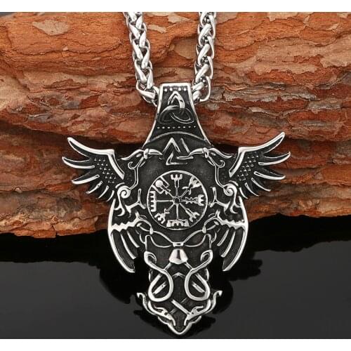 Fine Hand-made Mens and Womens Nordic Viking Double Crow Compass Vegvisir Pendant Jewelry Necklace