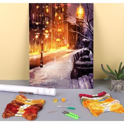 Scenery Winter Lights Pre-Printed 11CT Cross Stitch Patterns Embroidery DMC Threads Painting Handmade Knitting Sewing Floss