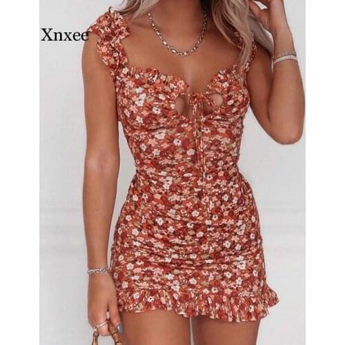 Ruffles Floral Print Fashion Sleeveless Mini Dress Summer Bow Tie Sexy Backless Sundress Dress Party Club Holiday
