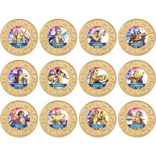 Saint Seiya Signs of The Zodiac Gold Plated Commemorative Coin Set with Coin Holder Japan Anime Challenge Coin Gift for Boys Men