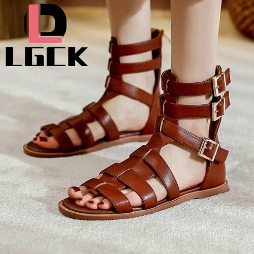 Summer Women Ankle Flats Genuine Leather Female Rome Retro Three-color Casual Shoes Thick Bottom Open Toe Sandals Buckle Shoes