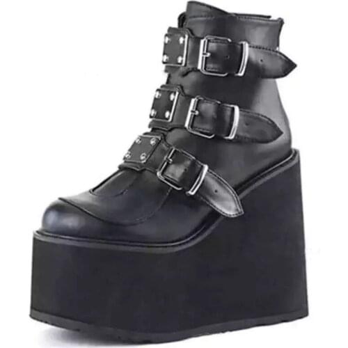 Winter Buckle Ankel Boots Women Punk Female Platform Boots Wedges High Heels PU Women Botas