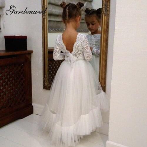 Gardenwed A-line Ivory Backless Flower Girl Dresses Tulle Lace Appliques Prom Dress Kid Lace Sleeves Ball Gown,Celebrity Dresses