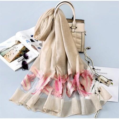 VISNXGI Women Silk Organza Scarf Embroidery Sunscreen Shawl Adult Long Embroidered Lace Feather Scarfs Pattern 70X180cm Scarves