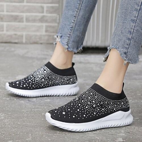 Womens Ladies Ankle Shoes Flat Loafers Crystal Fashion Bling Sneakers Casual Ladies Slip On Breathable Casual Shoes