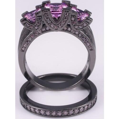Ladys 925 Silver & Black gold Square Pink Simulated Diamond Paved Three-stone Wedding Band Ring Sets Jewelry for Women
