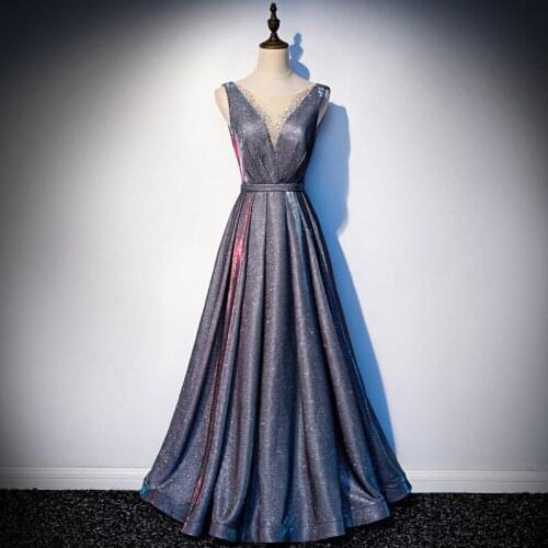 Vestidos dress Sexy A line Prom Dresses 2020 V neck Lace Up Party Gown Beading Sequined Formal Dress Evening Dresses LE40806