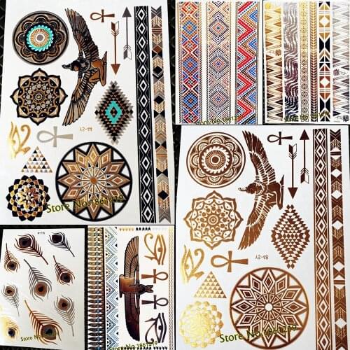 Gold Mandala Flower Water Transfer Tattoo Summer Fake Flash Metallic Golden Temporary Tattoo Stickers Indian Eagle Tatoo Chains