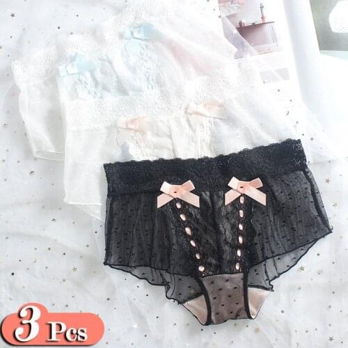 3Pcs/LotJapan Style Lolita Bow Cute Lace Underwear Girls Dot Net Hollow Out Panties Women Seamless Briefs Set Sexy Lingerie