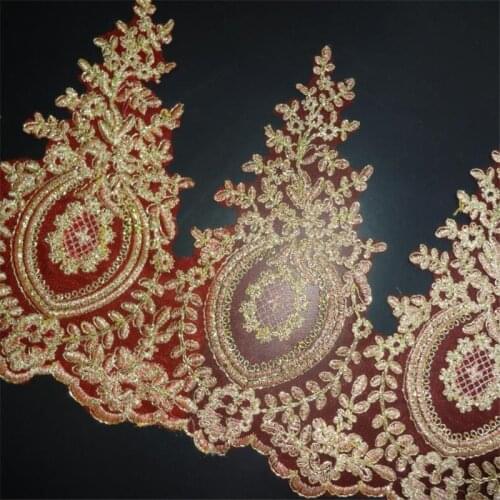 3Yds Delicate Red Background Gold Embroidery Wedding Dress Cording Lace Applique Thread Embroidery Lace Accessories Trim LR0028