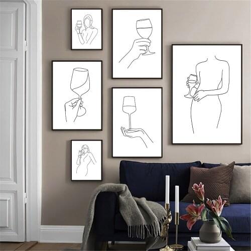Abstract Hand Wine Canvas Poster Female Line Drawing Art Painting Wine Lover Print Minimalist Wall Art Pictures Kitchen Decor