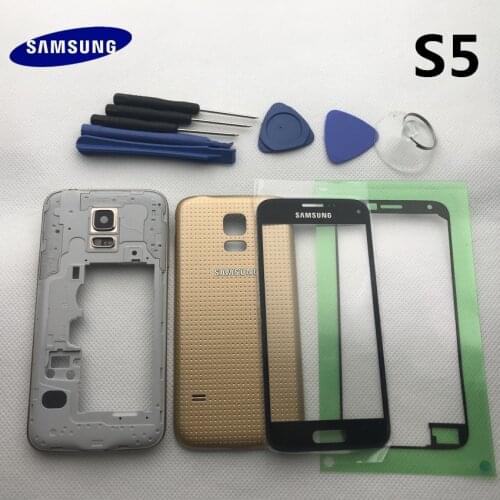 White/Blue/Black/Gold For Samsung Galaxy S5 SV i9600 G900 Full Housing Cover Case+Outer Screen Glass+Sticker + tools