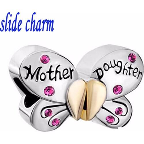 Slide charm Free shipping Separable a butterfly pink Crystal Heart Mom Charm beads Fit Pandora bracelet