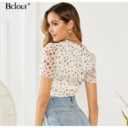 Bclout Polka Dot Crop Top Blouse Women 2021 Spring Square Collar Short Sleeve Top Female Casual Button Up Shirts Blouses Chiffon
