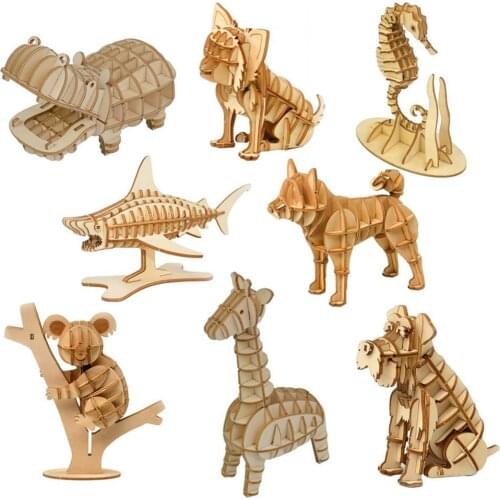 Wooden 3D Seahorse Shark Animal Model Puzzles DIY Art Craft Educational Children Toy Kids Gift