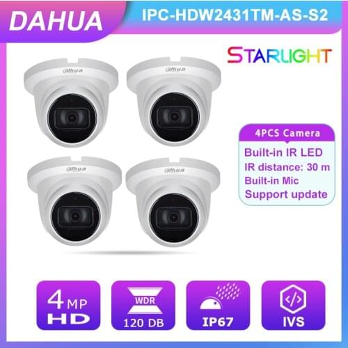Dahua Built-in Mic 4PCS CCTV Cameras IPC-HDW2431TM-AS-S2 IR30m Starlight With HD4MP Color Night Vision H.265 IP67 WDR PoE Camera