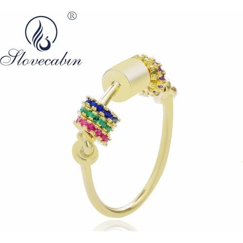 Slovecabin Authentic 925 Sterling Silver Geometric Turning Rings With Rainbow Clear CZ Round Rings Fine Jewelry Women Gift