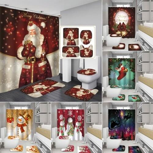 Santa Claus Shower Curtain Set Merry Christmas Snowman Bathtub Curtains for Bathroom Xmas Decor Non Slip Bath Mats Toilet Cover