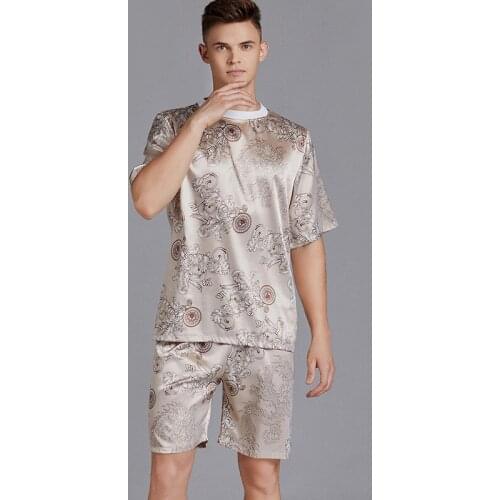 Short Summer Man Pajamas Big Size Luxury Flowers Printed Pajamas Set Cozy Silk Mens Kits Satin T Shirts And Pants Home Clothes