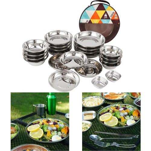 22 in 1 Stainless Steel Plate Set Portable Dinnerware Cooking Plates Bowl for Outdoor Camping Hiking Picnic BBQ Beach